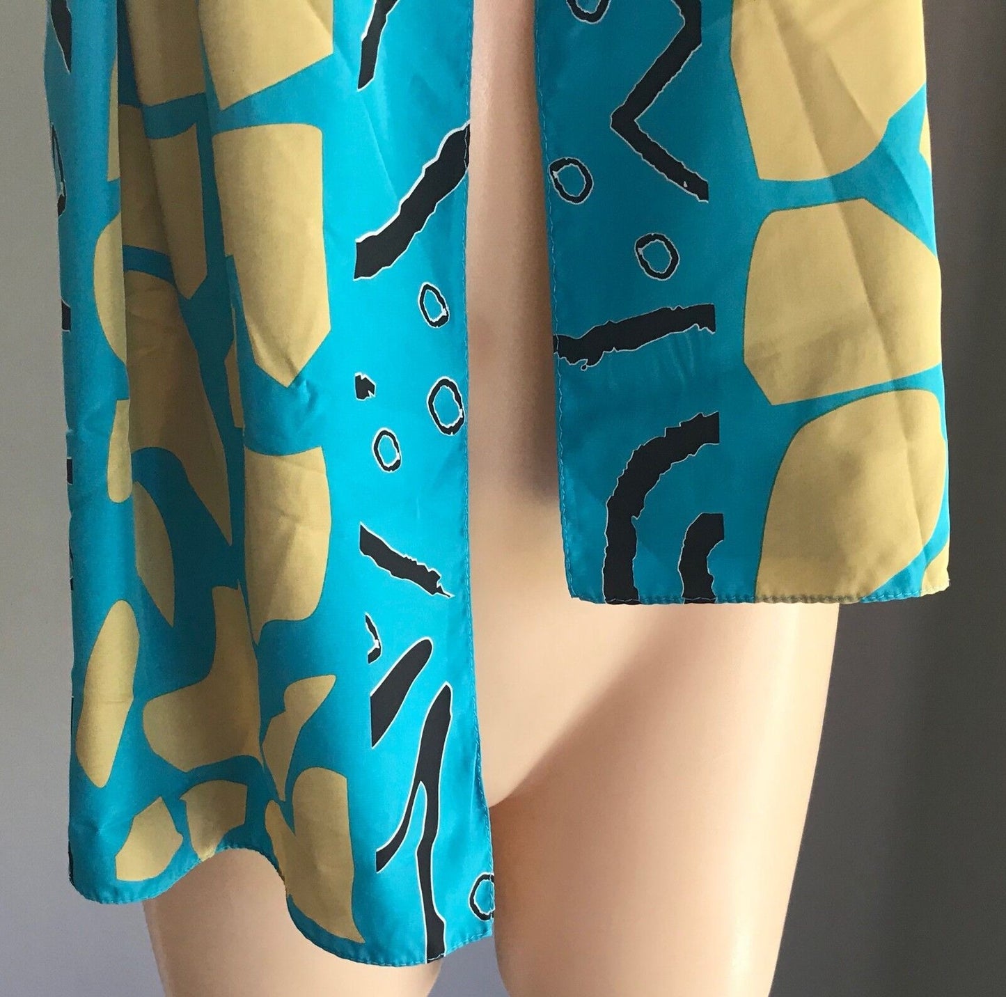 Vintage Neck Scarf Blue Gold Black White Abstract Print Rectangle Long 158x30cm