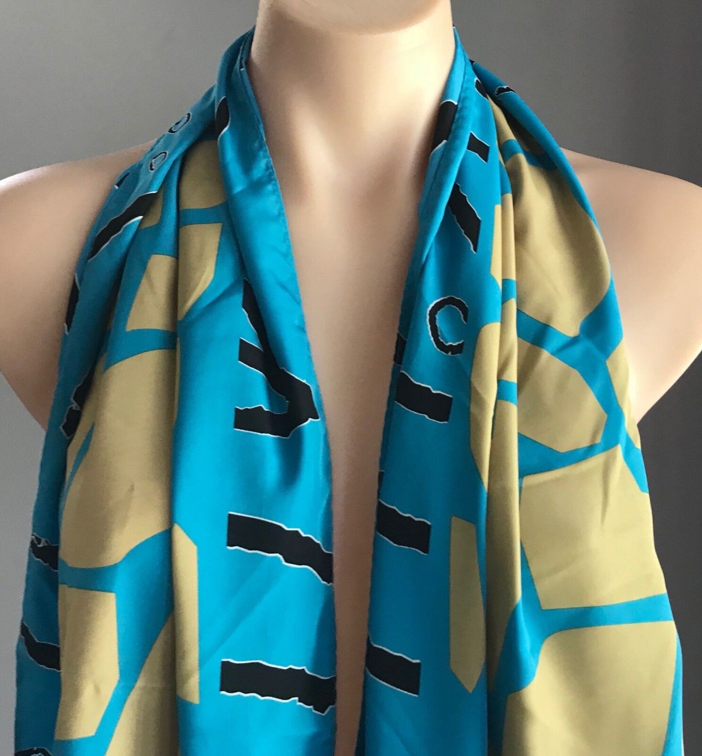 Vintage Neck Scarf Blue Gold Black White Abstract Print Rectangle Long 158x30cm