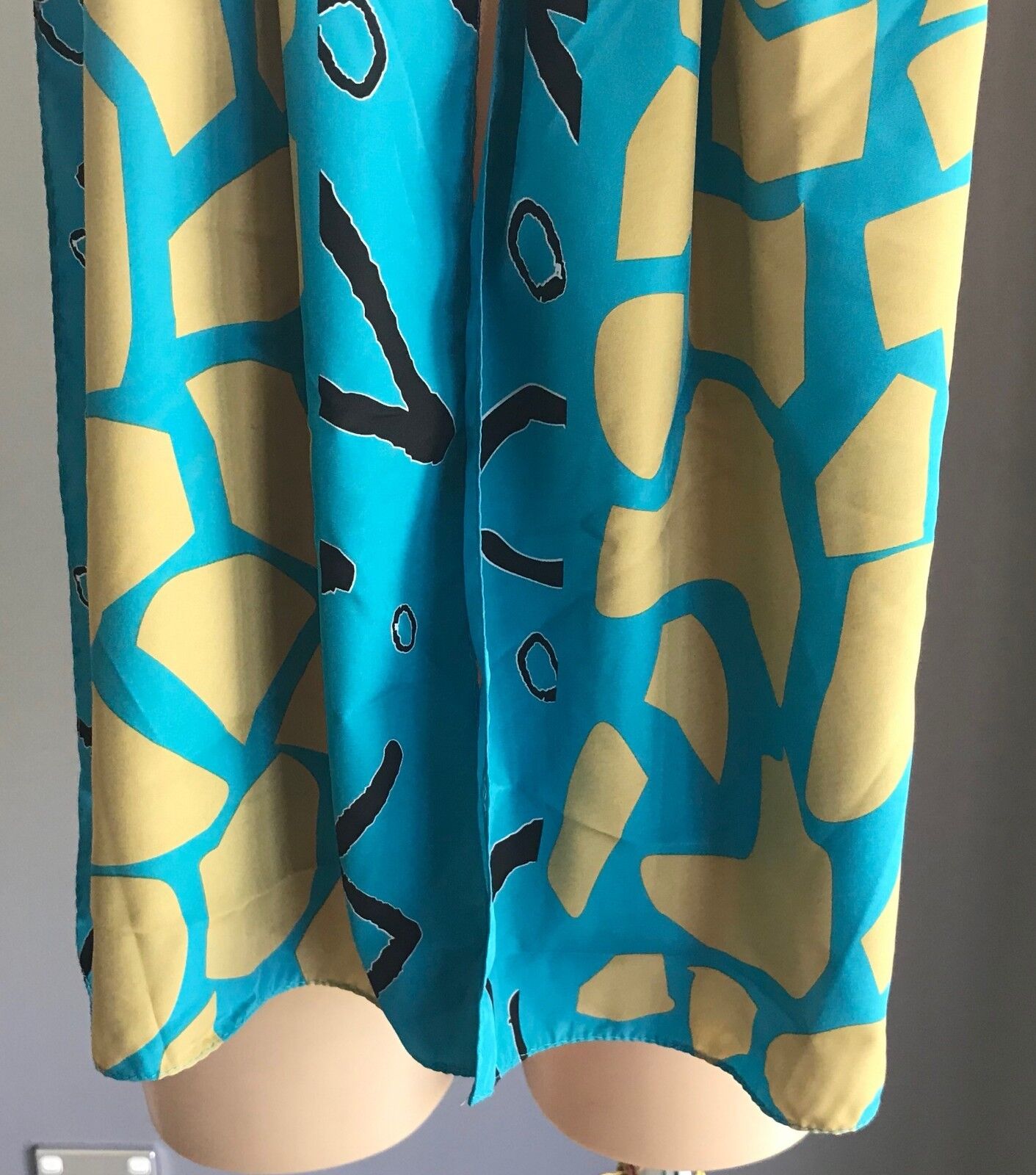 Vintage Neck Scarf Blue Gold Black White Abstract Print Rectangle Long 158x30cm