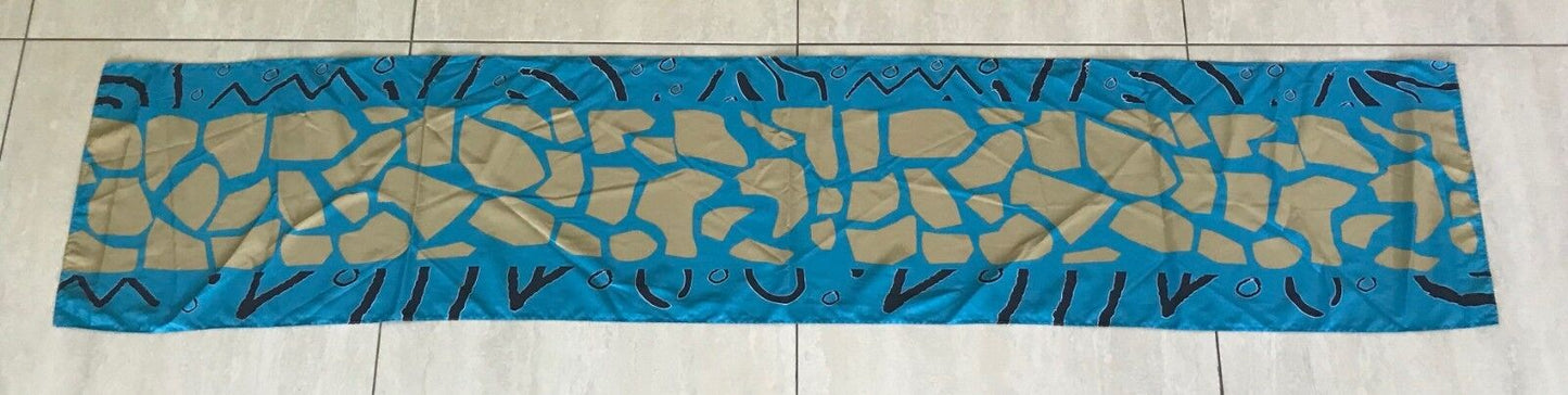 Vintage Neck Scarf Blue Gold Black White Abstract Print Rectangle Long 158x30cm