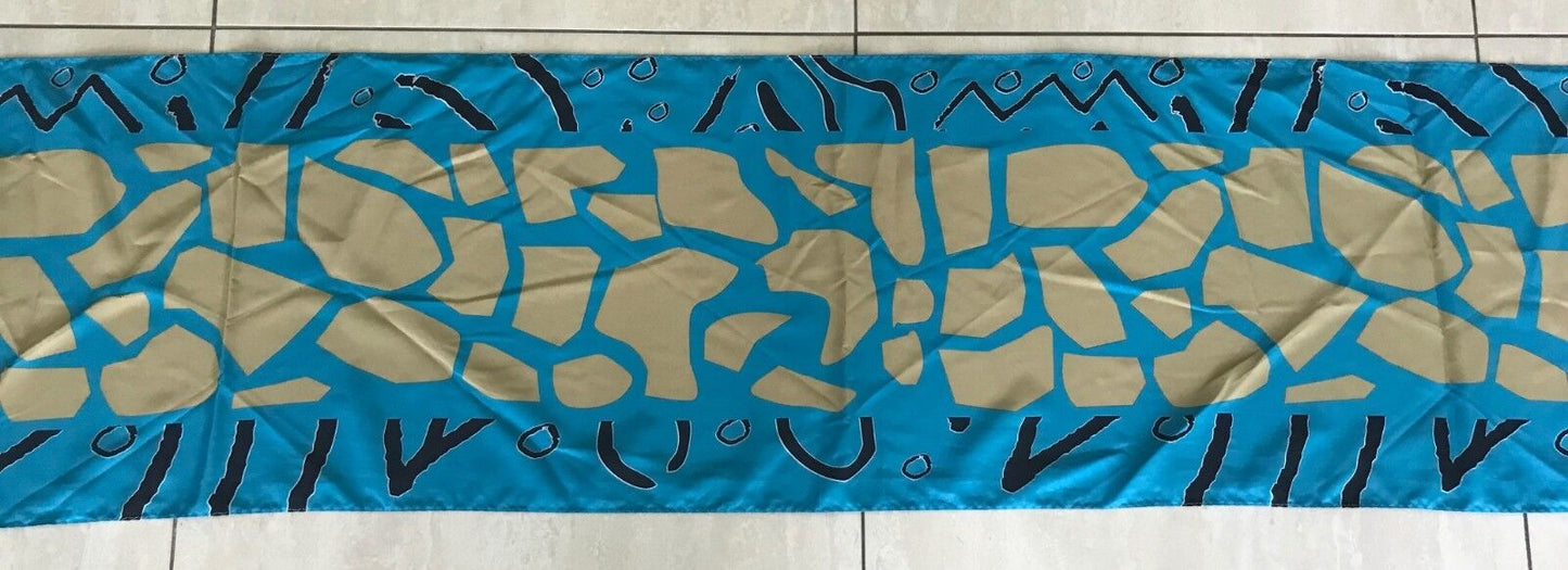 Vintage Neck Scarf Blue Gold Black White Abstract Print Rectangle Long 158x30cm