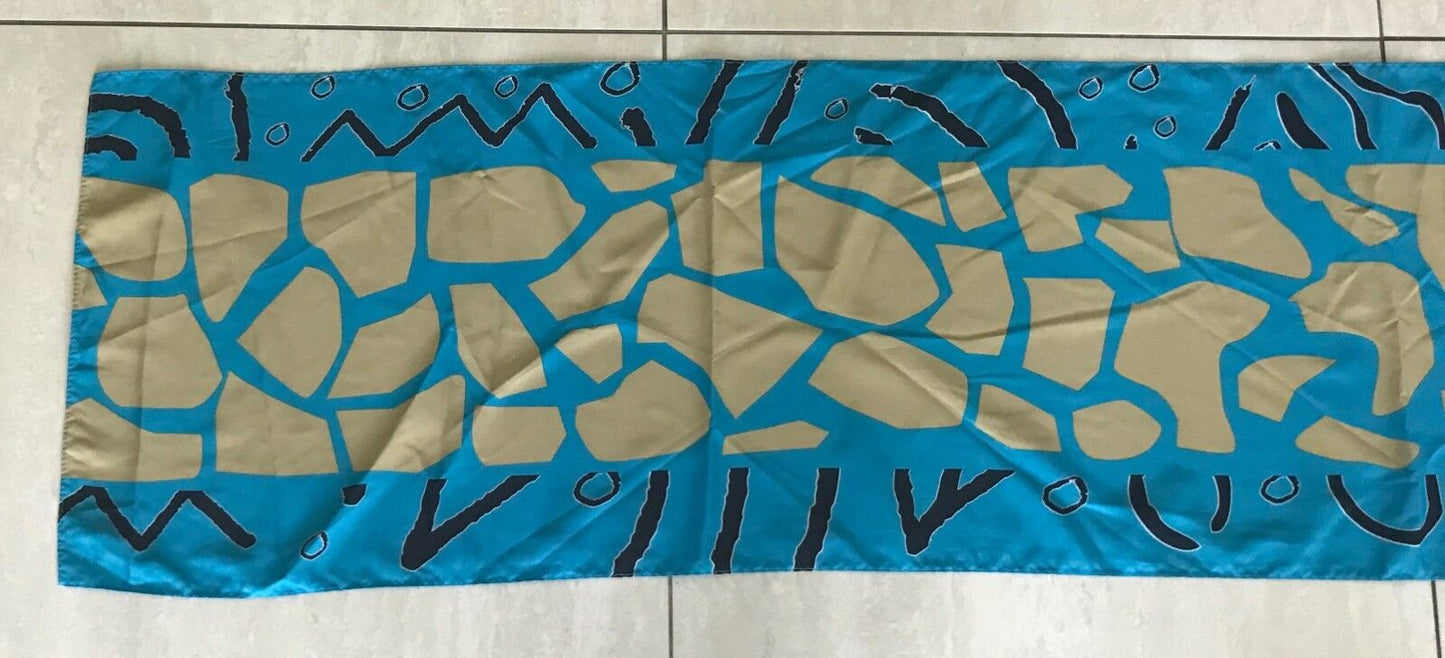 Vintage Neck Scarf Blue Gold Black White Abstract Print Rectangle Long 158x30cm