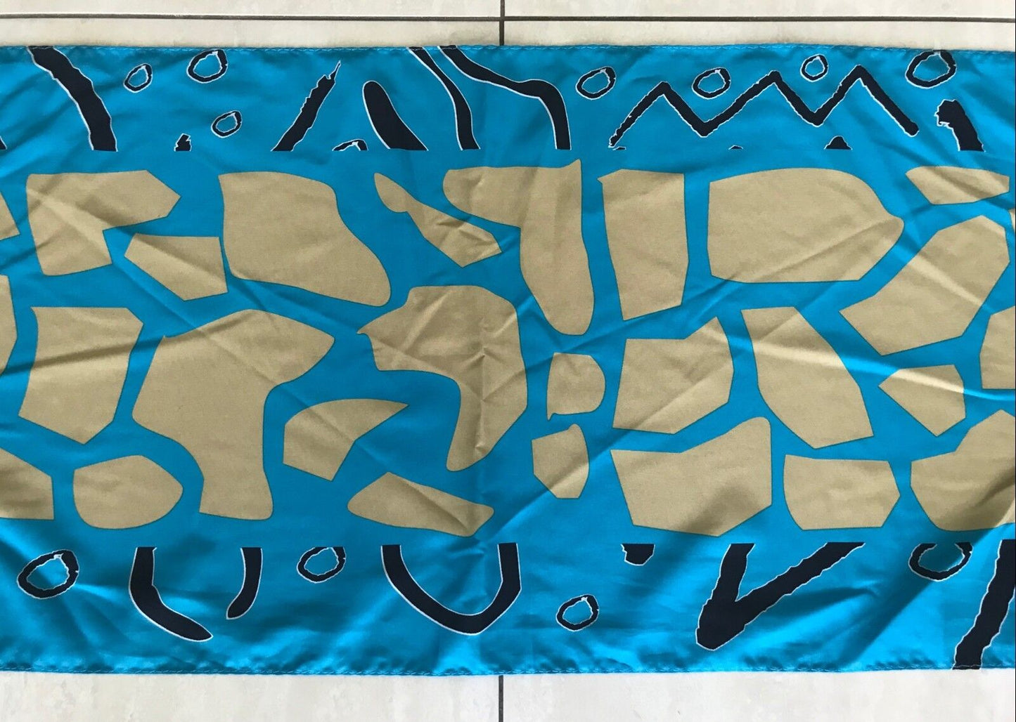Vintage Neck Scarf Blue Gold Black White Abstract Print Rectangle Long 158x30cm