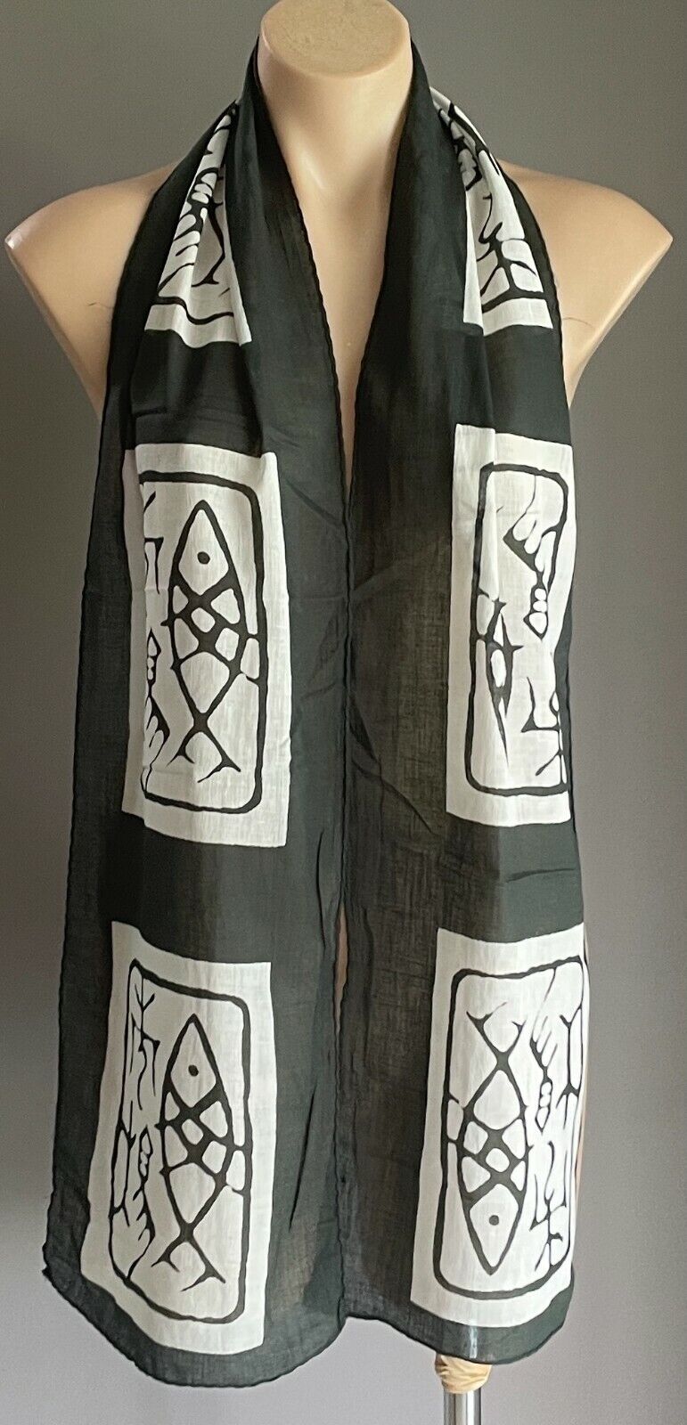 Neck Scarf Cotton Dark Khaki Green & White Batik Fish Print Rectangle Semi Sheer
