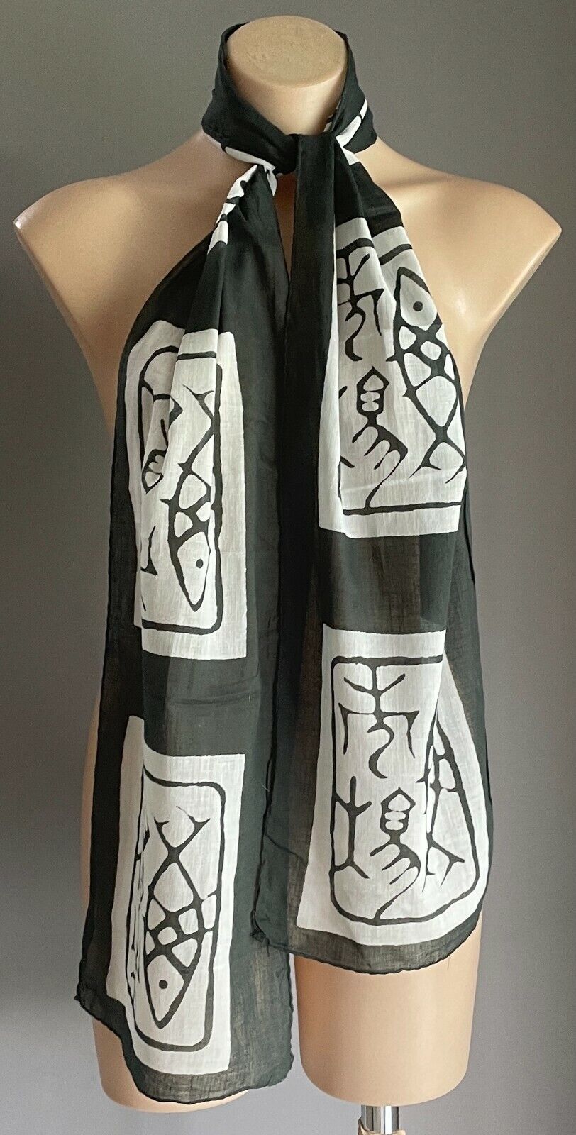 Neck Scarf Cotton Dark Khaki Green & White Batik Fish Print Rectangle Semi Sheer