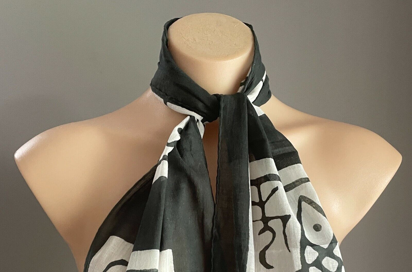 Neck Scarf Cotton Dark Khaki Green & White Batik Fish Print Rectangle Semi Sheer