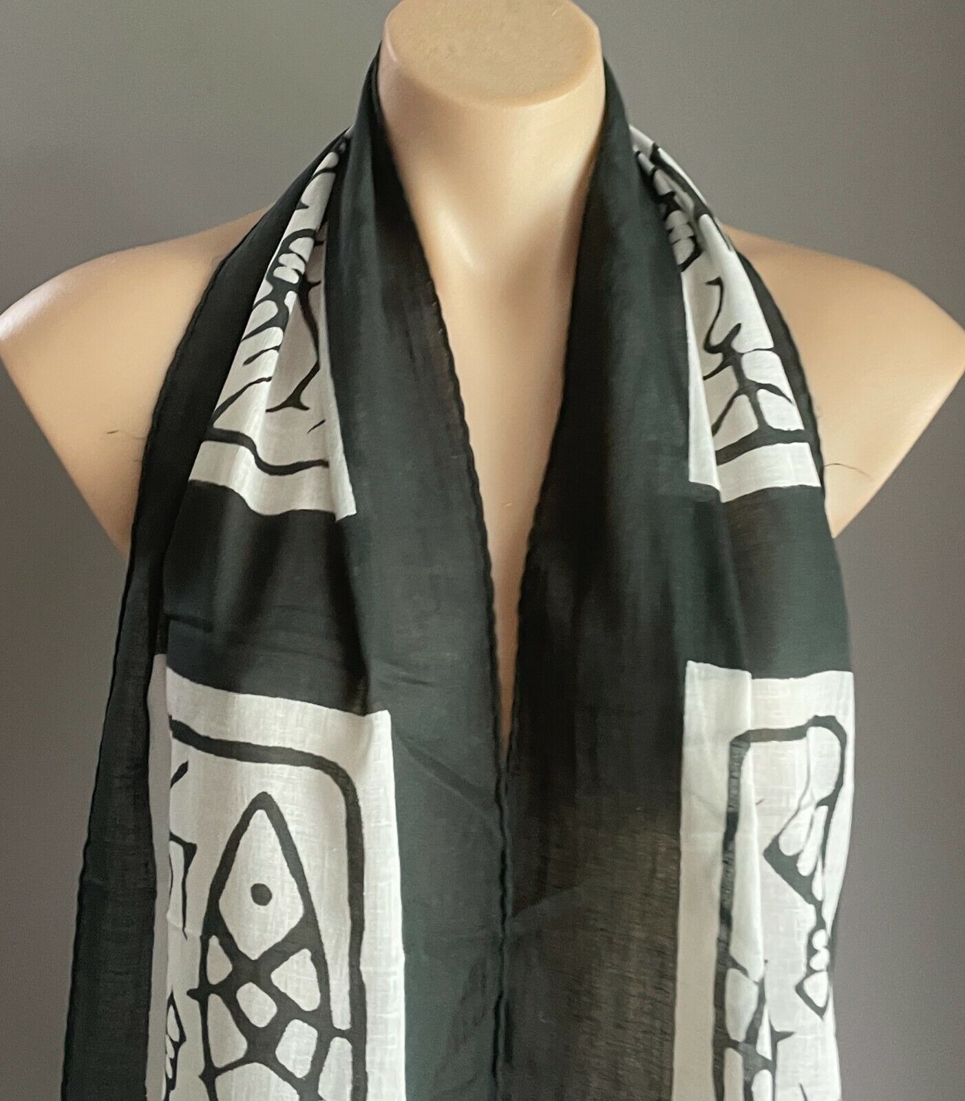 Neck Scarf Cotton Dark Khaki Green & White Batik Fish Print Rectangle Semi Sheer