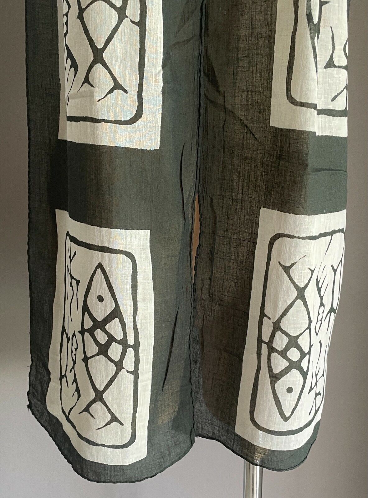 Neck Scarf Cotton Dark Khaki Green & White Batik Fish Print Rectangle Semi Sheer