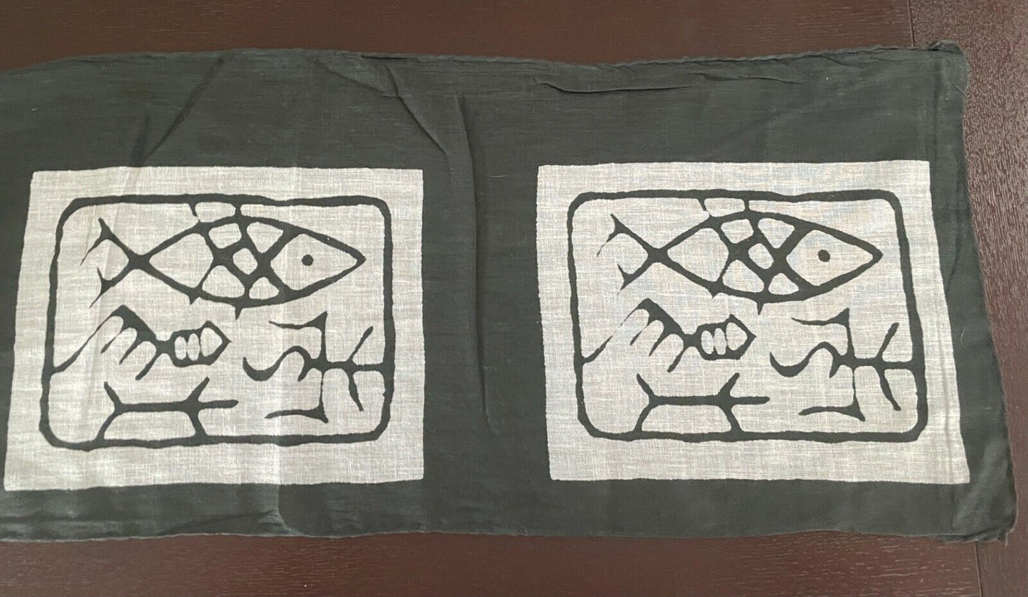 Neck Scarf Cotton Dark Khaki Green & White Batik Fish Print Rectangle Semi Sheer