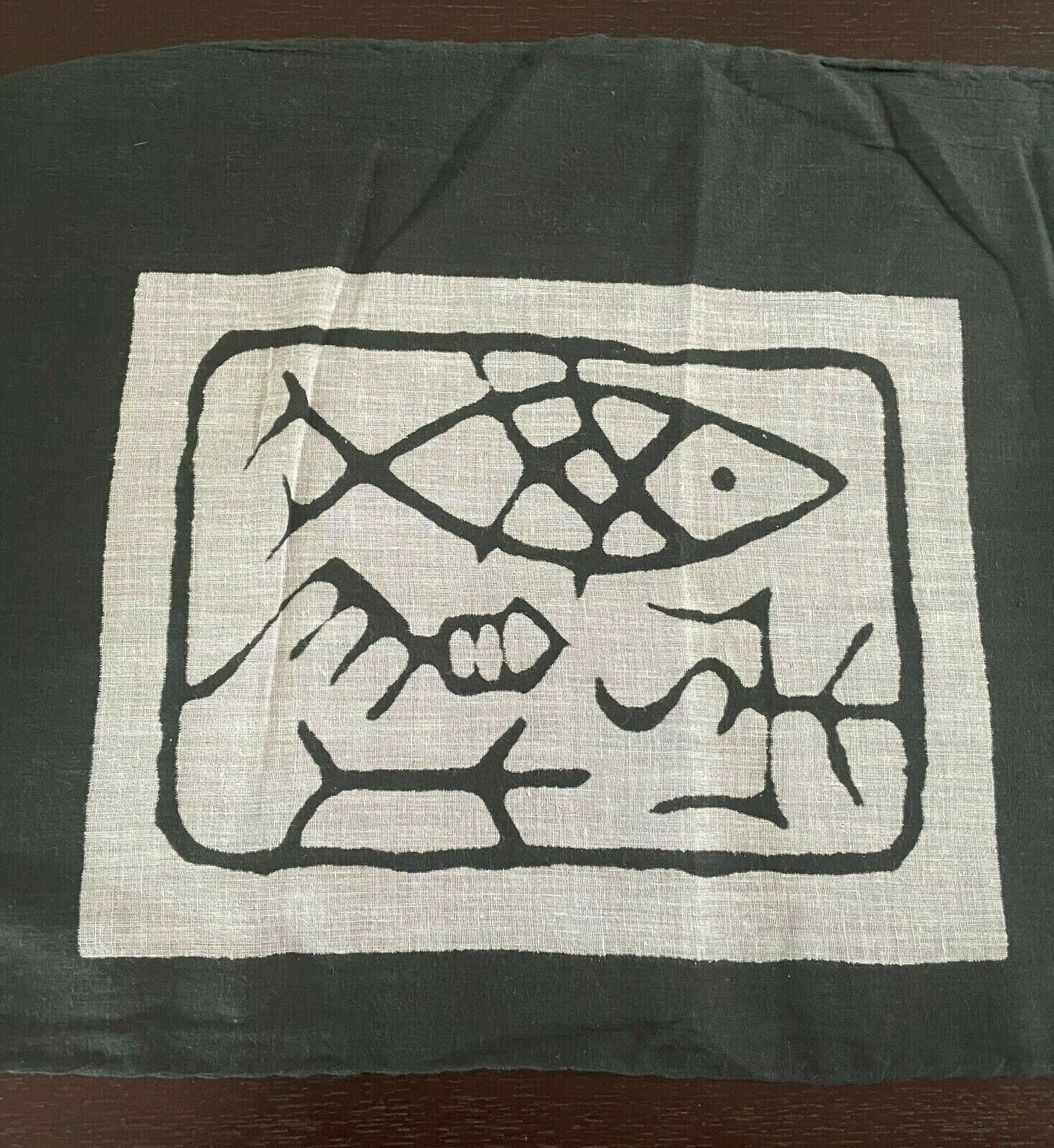 Neck Scarf Cotton Dark Khaki Green & White Batik Fish Print Rectangle Semi Sheer