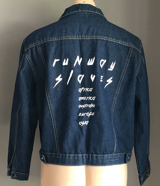 Mens Denim Jeans Jacket TM AFFILIATES "Runway Slaves" Blue Back Print Sz M