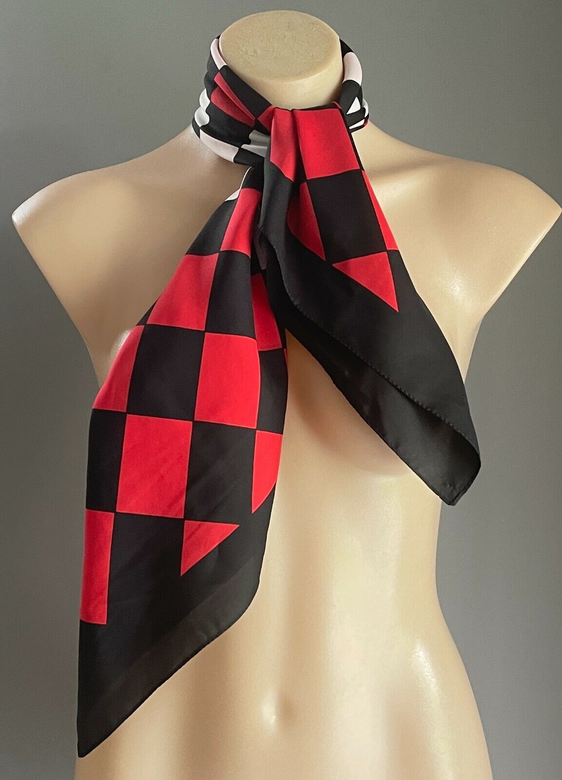 Neck Scarf Ladies Black Red & White Diamond Print  76cm x 80cm Rockabilly Pinup
