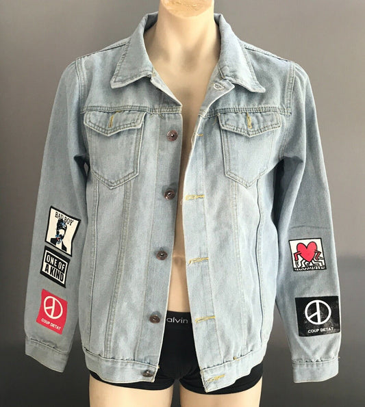 Denim Jeans Jacket G DRAGON Light Blue Print Logo's All Over Mens Size XL 102cm