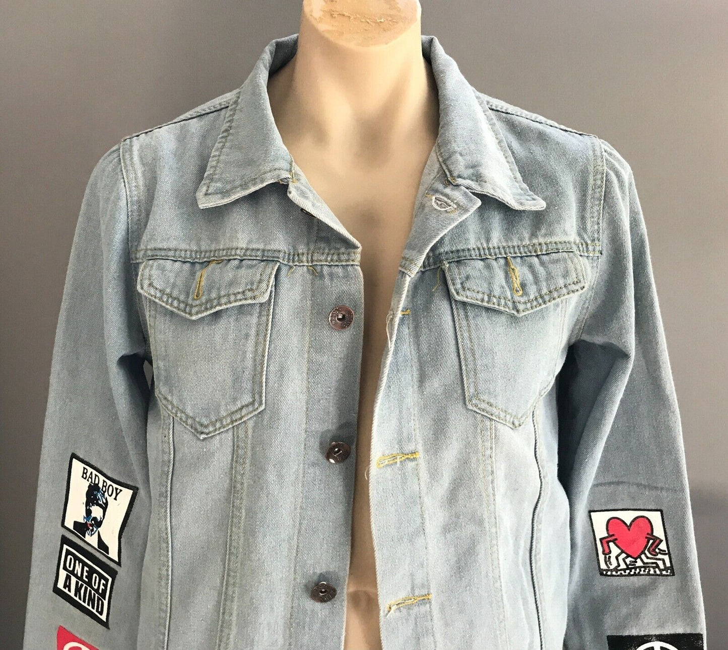 Denim Jeans Jacket G DRAGON Light Blue Print Logo's All Over Mens Size XL 102cm