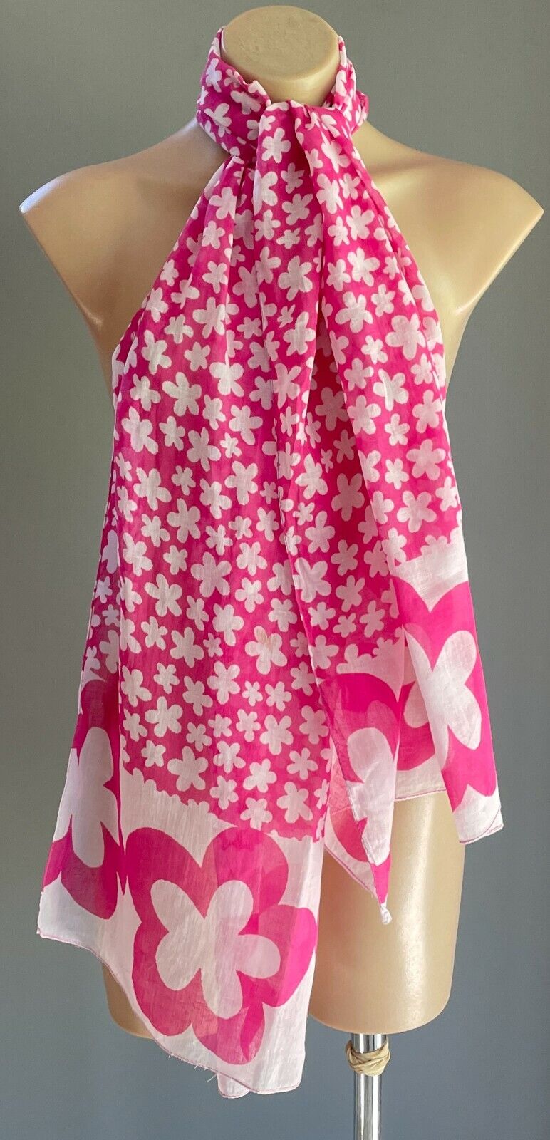 Neck Scarf Pink & White Daisy Long Floral Print Light Cotton Rectangle Wrap