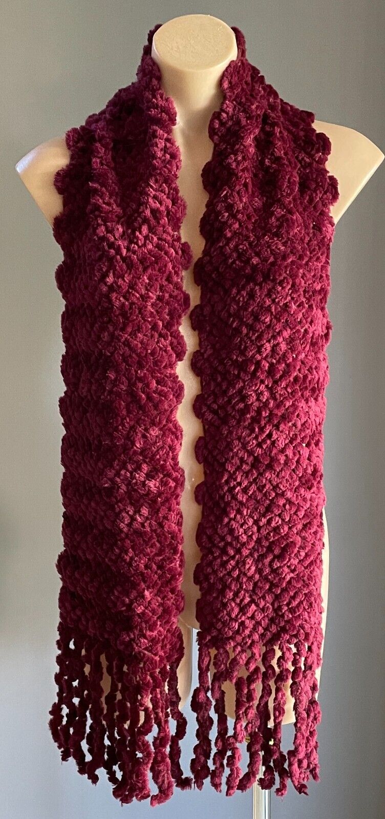 Neck Scarf Burgundy Handmade Soft Chunky Decorative Knit Fringed - Gorgeous