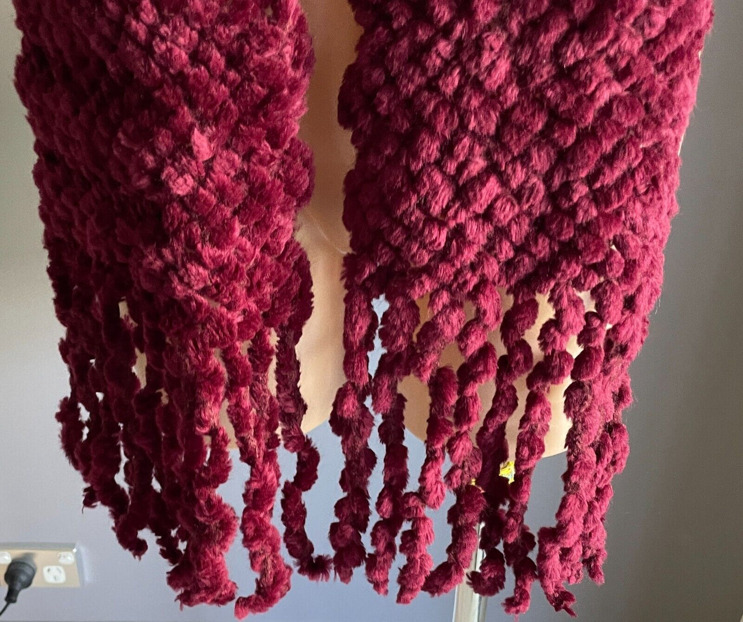 Neck Scarf Burgundy Handmade Soft Chunky Decorative Knit Fringed - Gorgeous