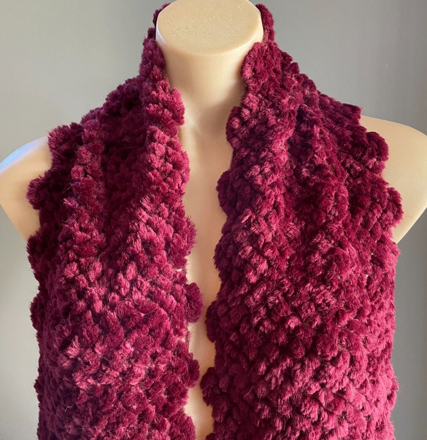 Neck Scarf Burgundy Handmade Soft Chunky Decorative Knit Fringed - Gorgeous