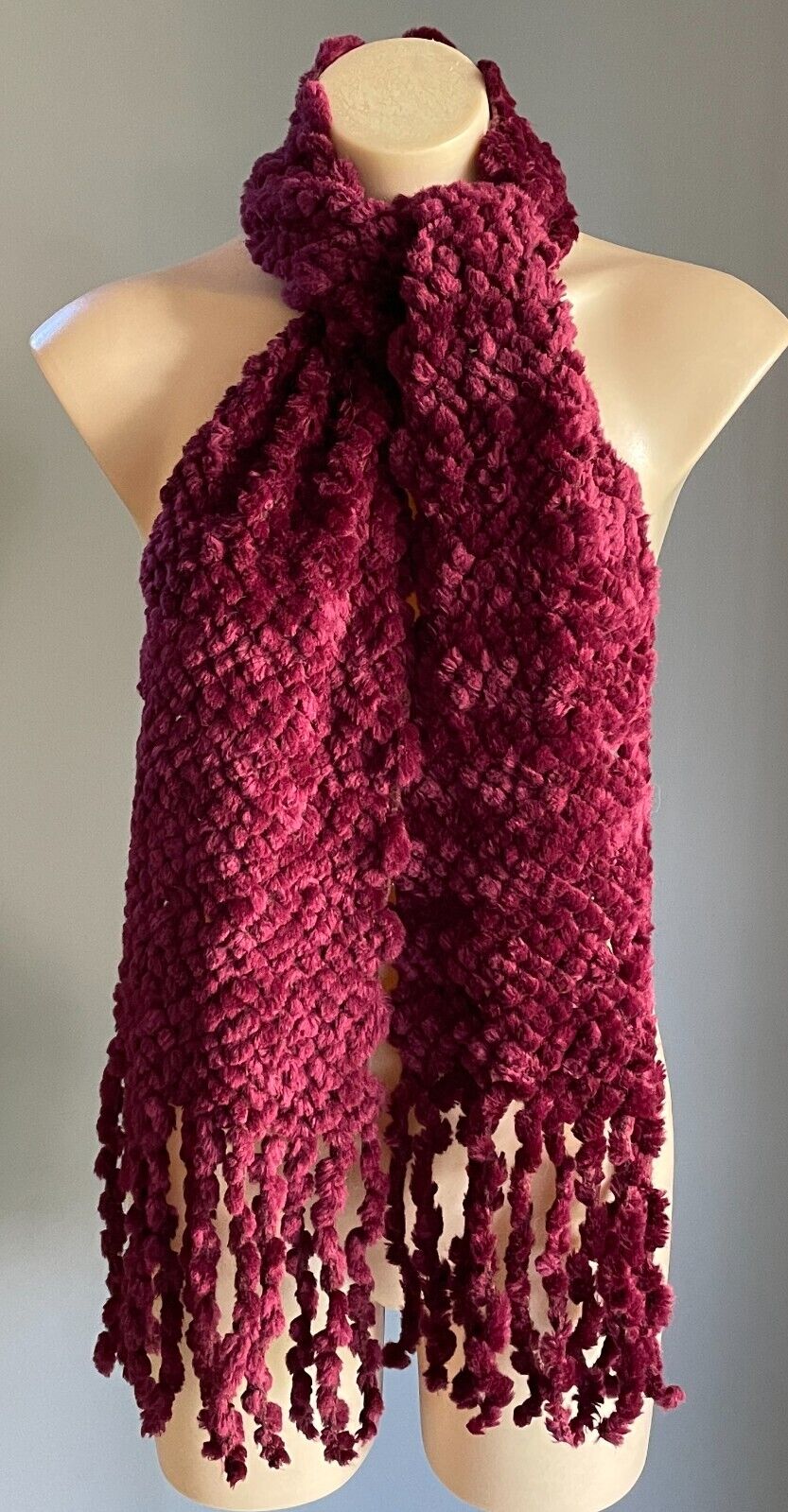 Neck Scarf Burgundy Handmade Soft Chunky Decorative Knit Fringed - Gorgeous