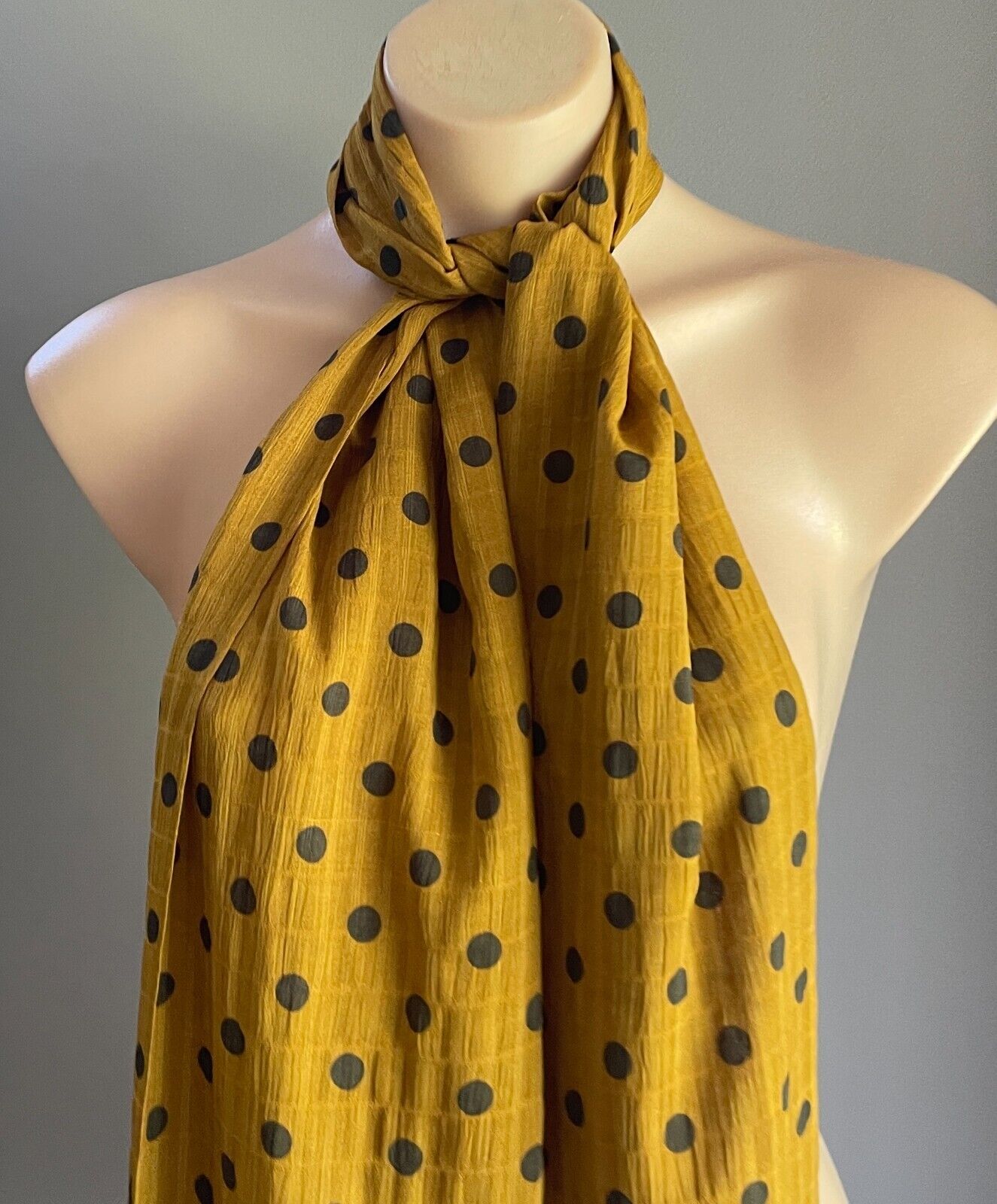 Neck Scarf  BOHEMIAN TRADERS Long Mustard and Black Polka Dot Rectangle