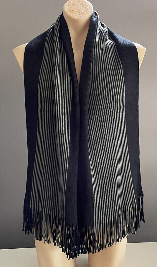 Mens Neck Scarf w Fringe Black & Khaki Stripe Knit Wrap