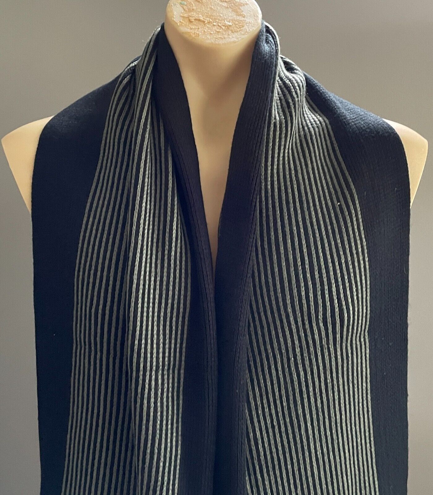 Mens Neck Scarf w Fringe Black & Khaki Stripe Knit Wrap