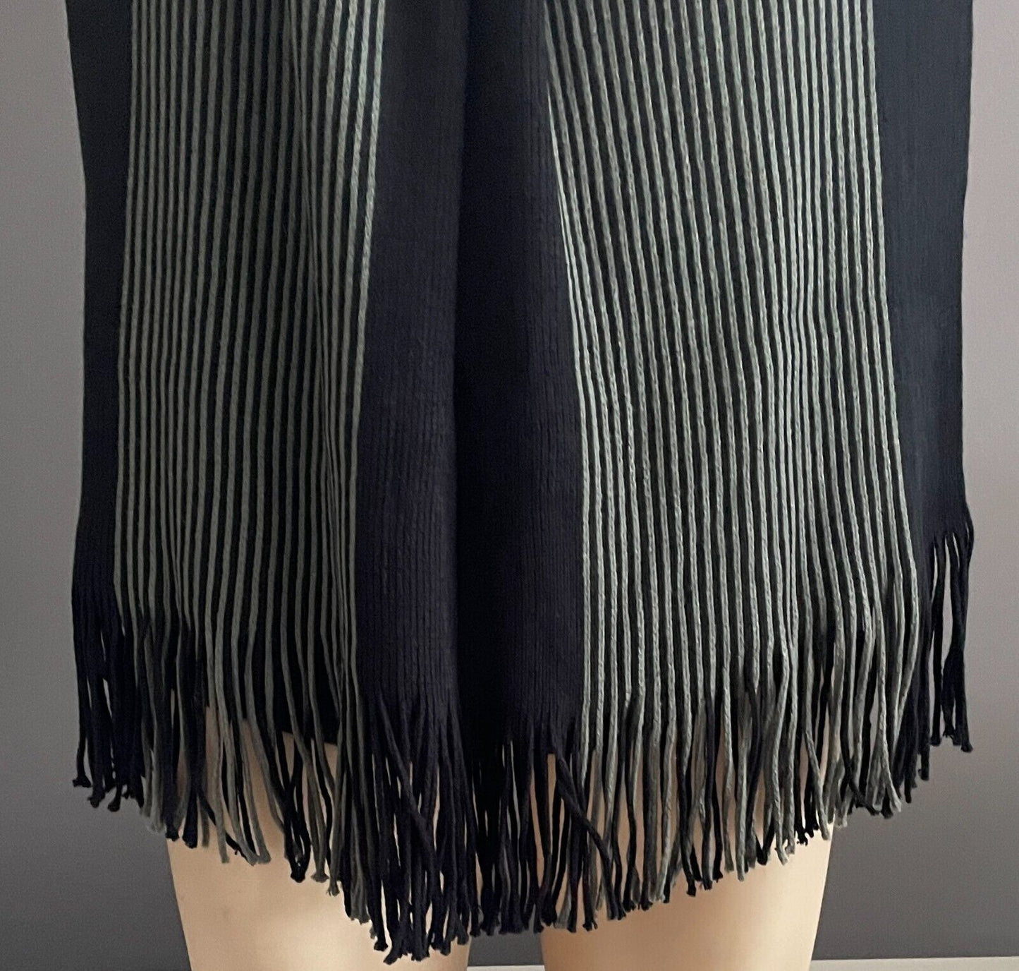 Mens Neck Scarf w Fringe Black & Khaki Stripe Knit Wrap