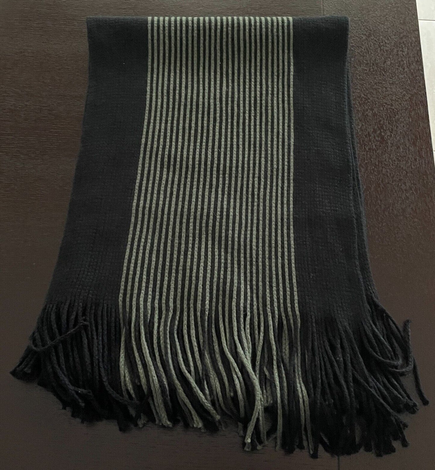 Mens Neck Scarf w Fringe Black & Khaki Stripe Knit Wrap