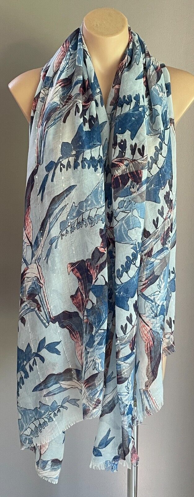 AMBER ROSE Neck Scarf Blue Coral Red Floral Print Wrap Rectangle Sequin Trim