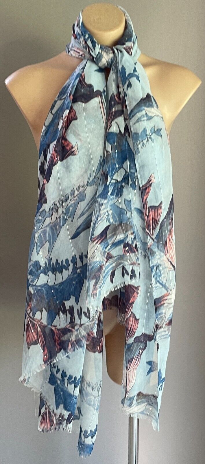 AMBER ROSE Neck Scarf Blue Coral Red Floral Print Wrap Rectangle Sequin Trim