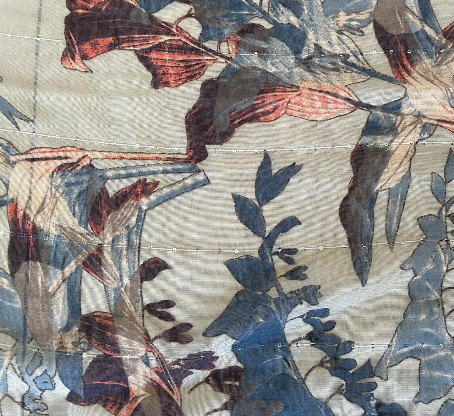 AMBER ROSE Neck Scarf Blue Coral Red Floral Print Wrap Rectangle Sequin Trim
