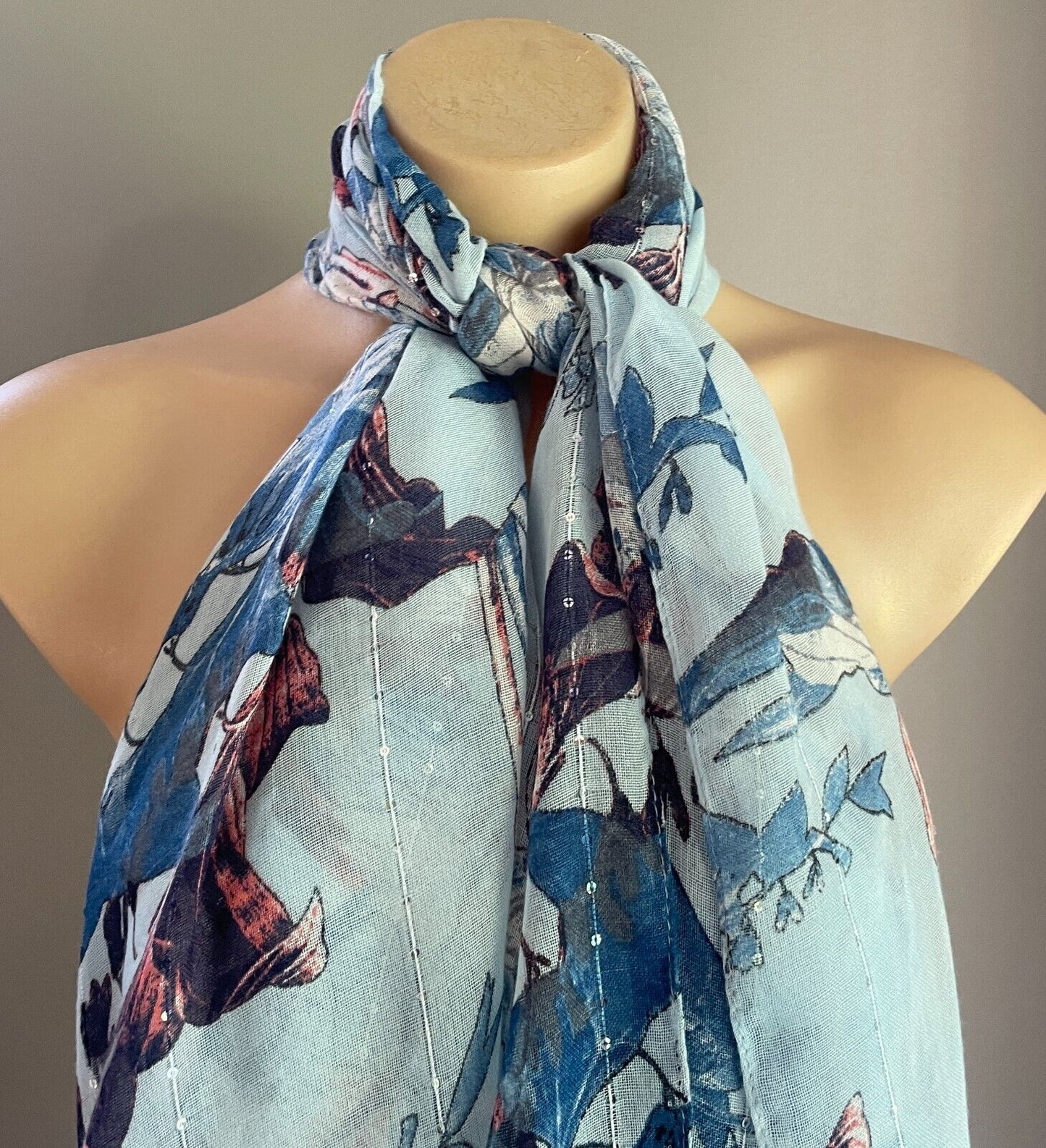 AMBER ROSE Neck Scarf Blue Coral Red Floral Print Wrap Rectangle Sequin Trim