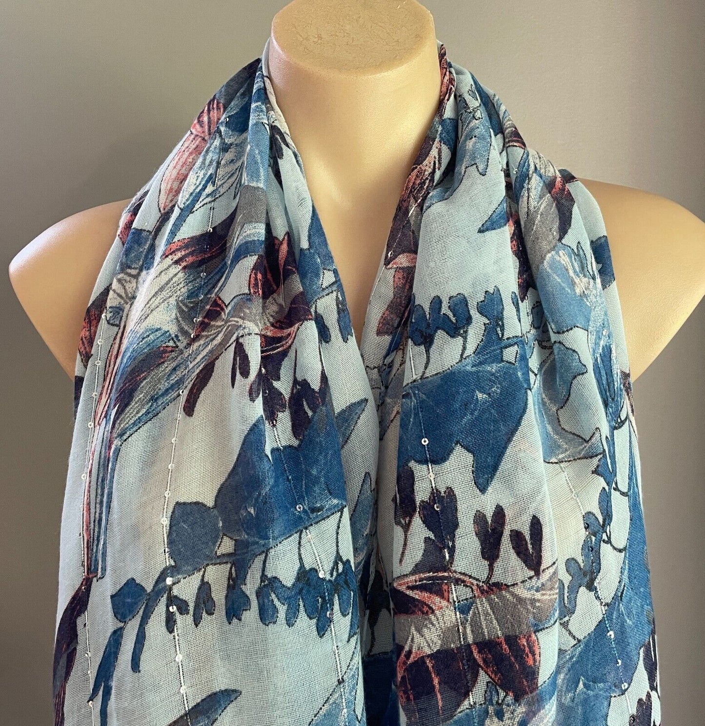 AMBER ROSE Neck Scarf Blue Coral Red Floral Print Wrap Rectangle Sequin Trim