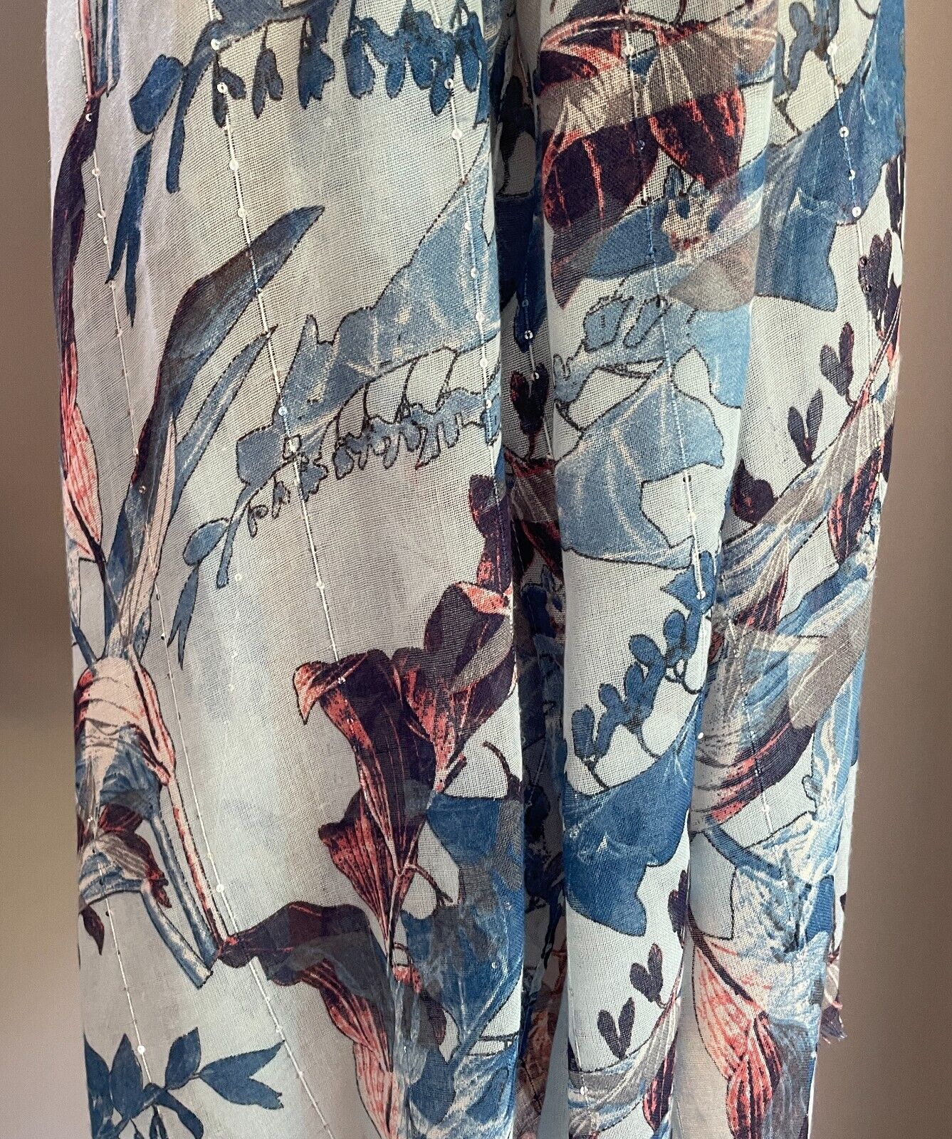 AMBER ROSE Neck Scarf Blue Coral Red Floral Print Wrap Rectangle Sequin Trim