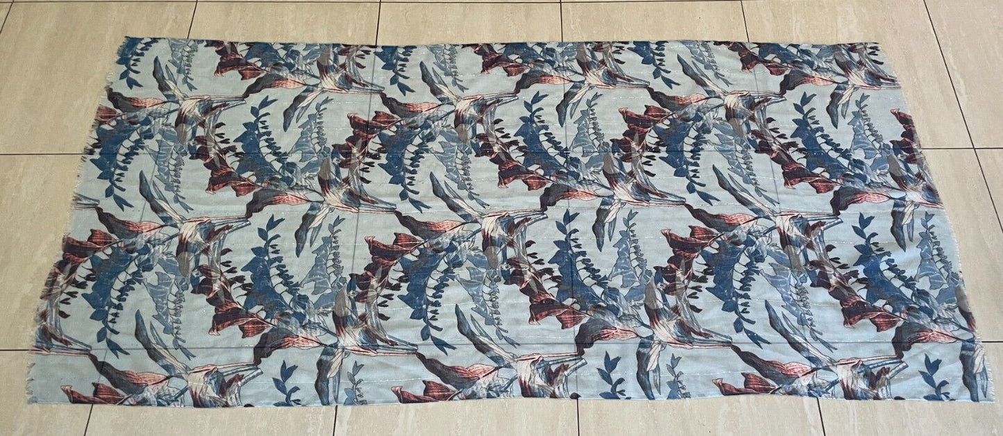 AMBER ROSE Neck Scarf Blue Coral Red Floral Print Wrap Rectangle Sequin Trim