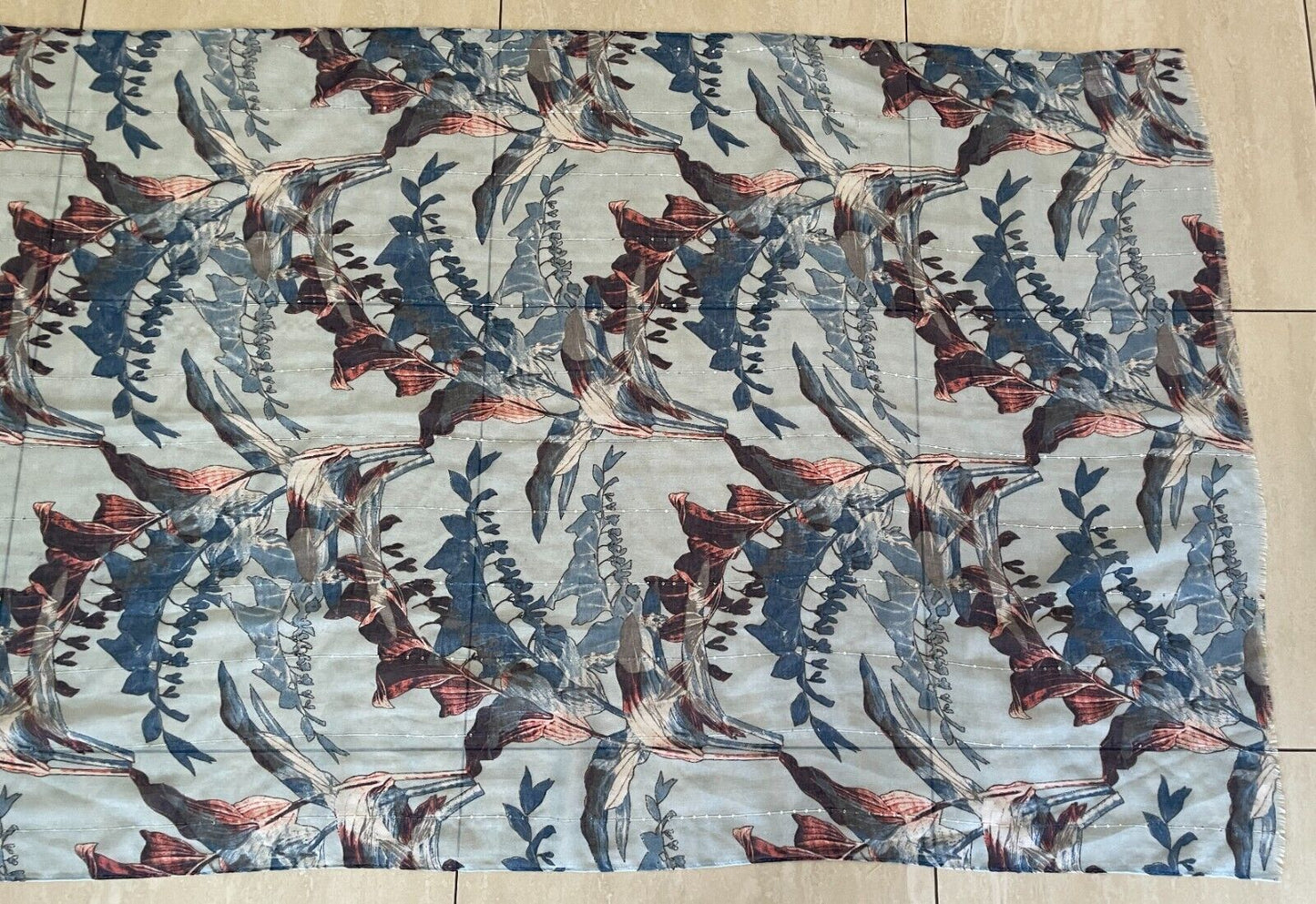 AMBER ROSE Neck Scarf Blue Coral Red Floral Print Wrap Rectangle Sequin Trim