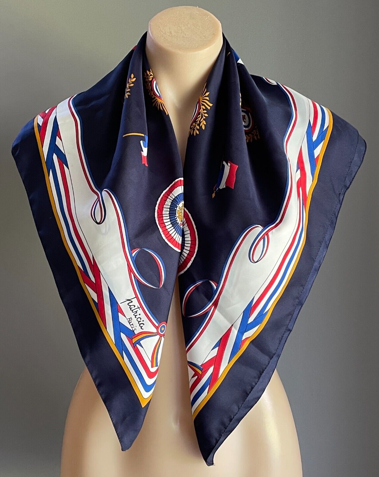 Neck Scarf Vintage PATRICIA PARIS Blue White Red French Flag Souvenir Wrap