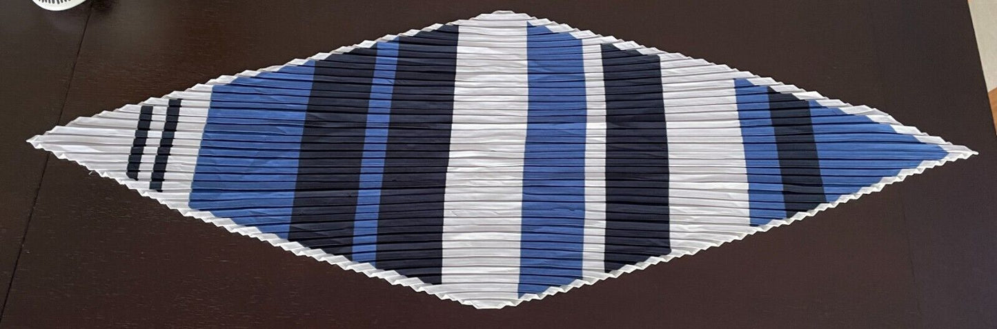 Neck Scarf White Blue Navy Pleated Thick Vertical Stripe Polyester Diamond Shape