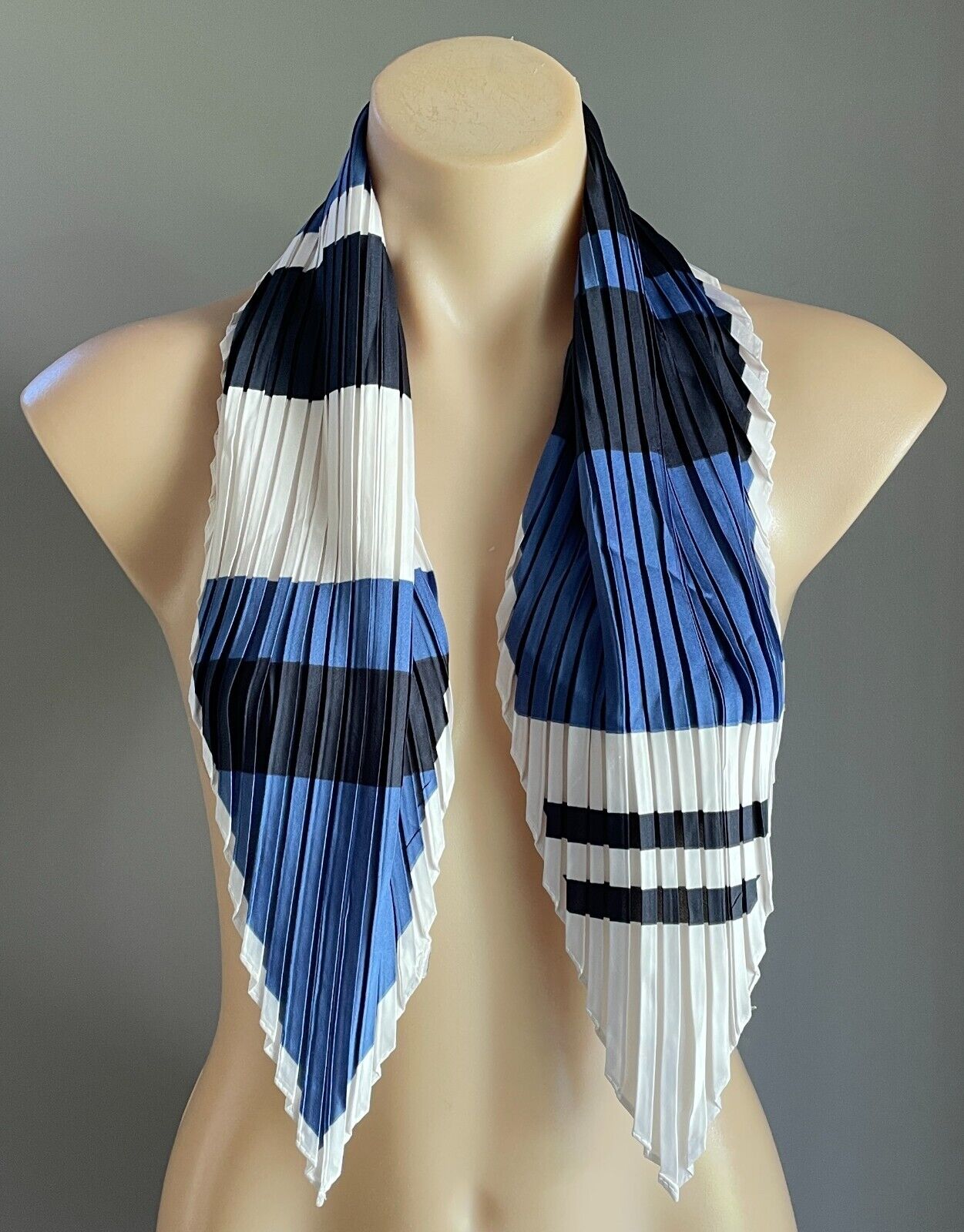 Neck Scarf White Blue Navy Pleated Thick Vertical Stripe Polyester Diamond Shape