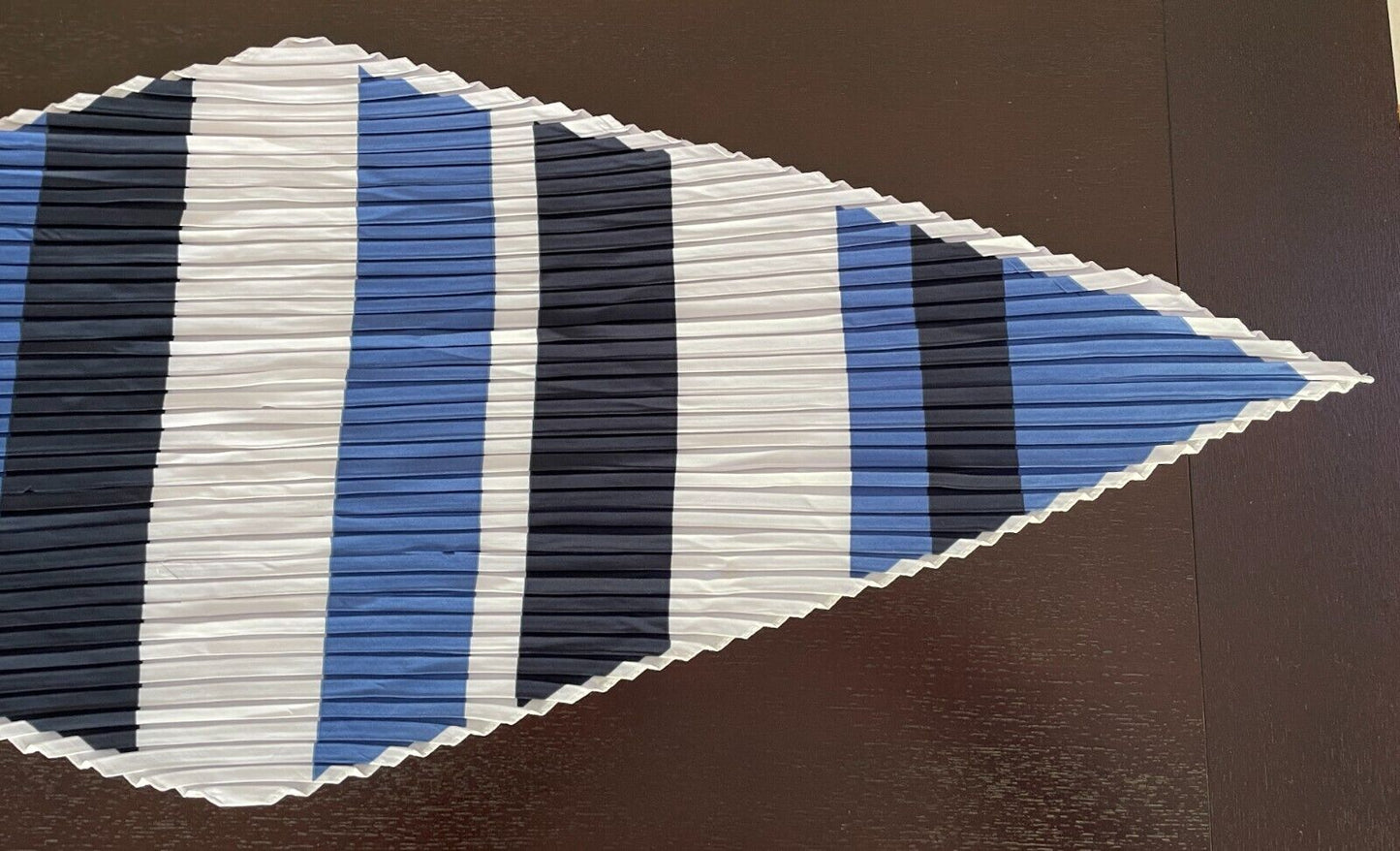 Neck Scarf White Blue Navy Pleated Thick Vertical Stripe Polyester Diamond Shape