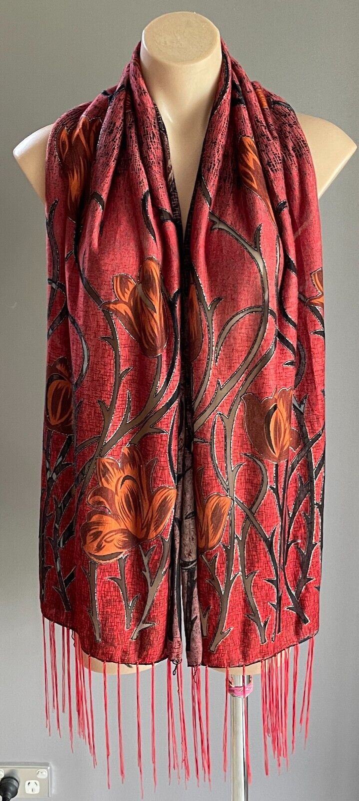 Neck Scarf Red Black Orange Brown Silver Thread Tulips Rectangle 47 x 164cm