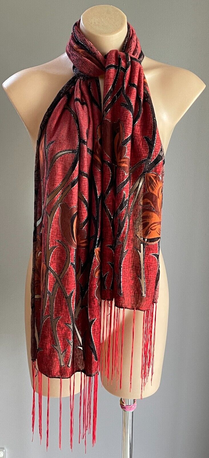 Neck Scarf Red Black Orange Brown Silver Thread Tulips Rectangle 47 x 164cm