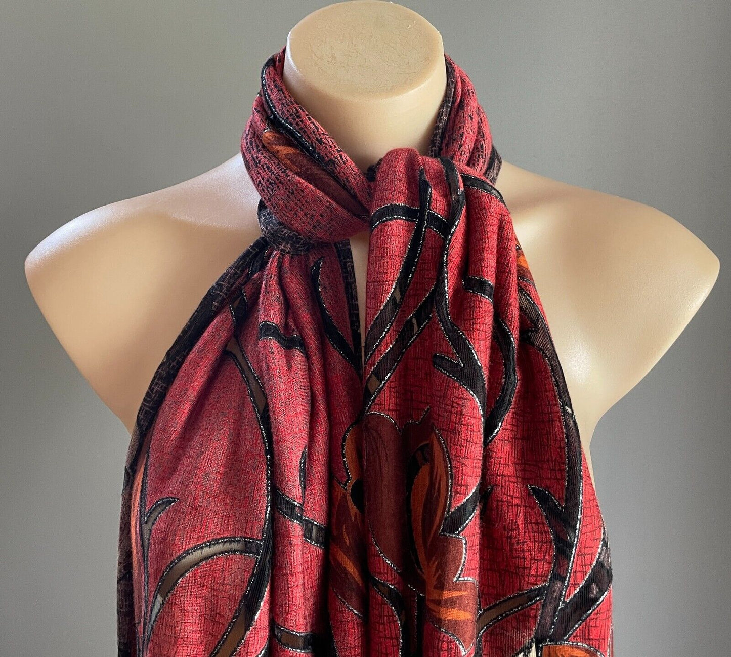 Neck Scarf Red Black Orange Brown Silver Thread Tulips Rectangle 47 x 164cm