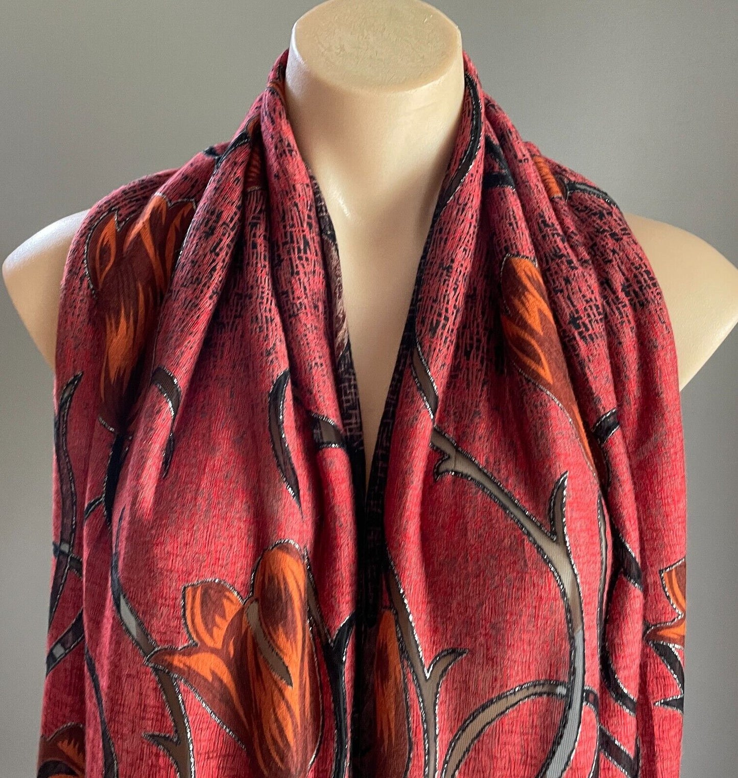 Neck Scarf Red Black Orange Brown Silver Thread Tulips Rectangle 47 x 164cm