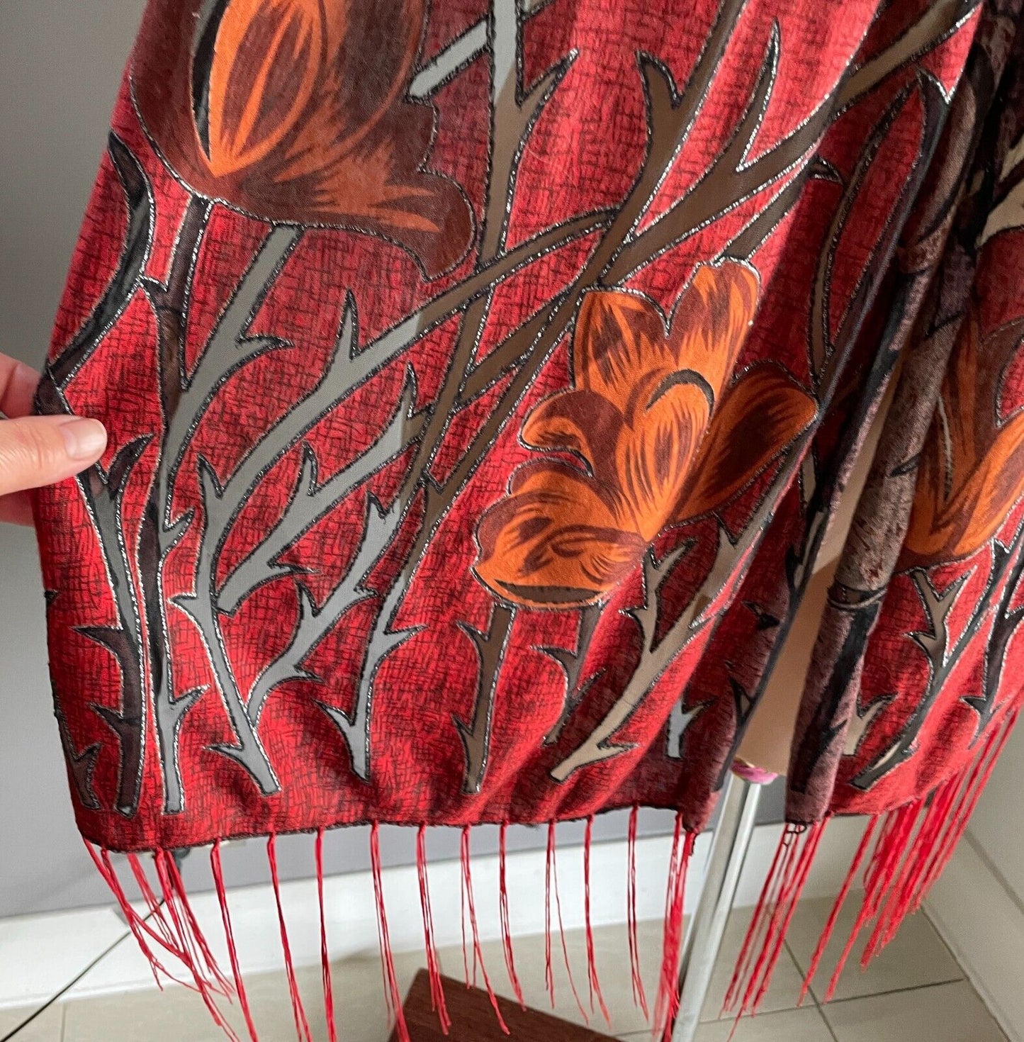 Neck Scarf Red Black Orange Brown Silver Thread Tulips Rectangle 47 x 164cm