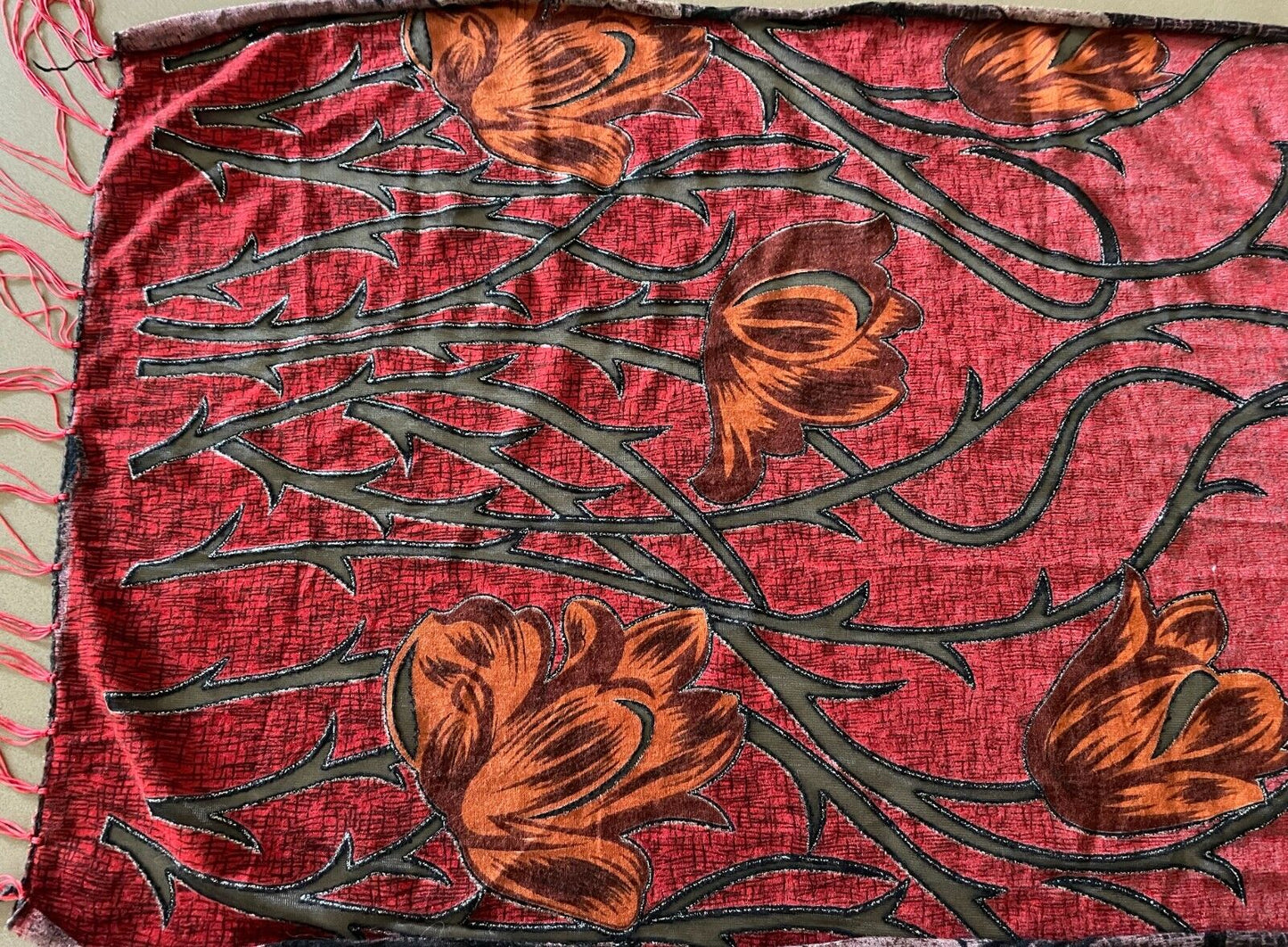 Neck Scarf Red Black Orange Brown Silver Thread Tulips Rectangle 47 x 164cm