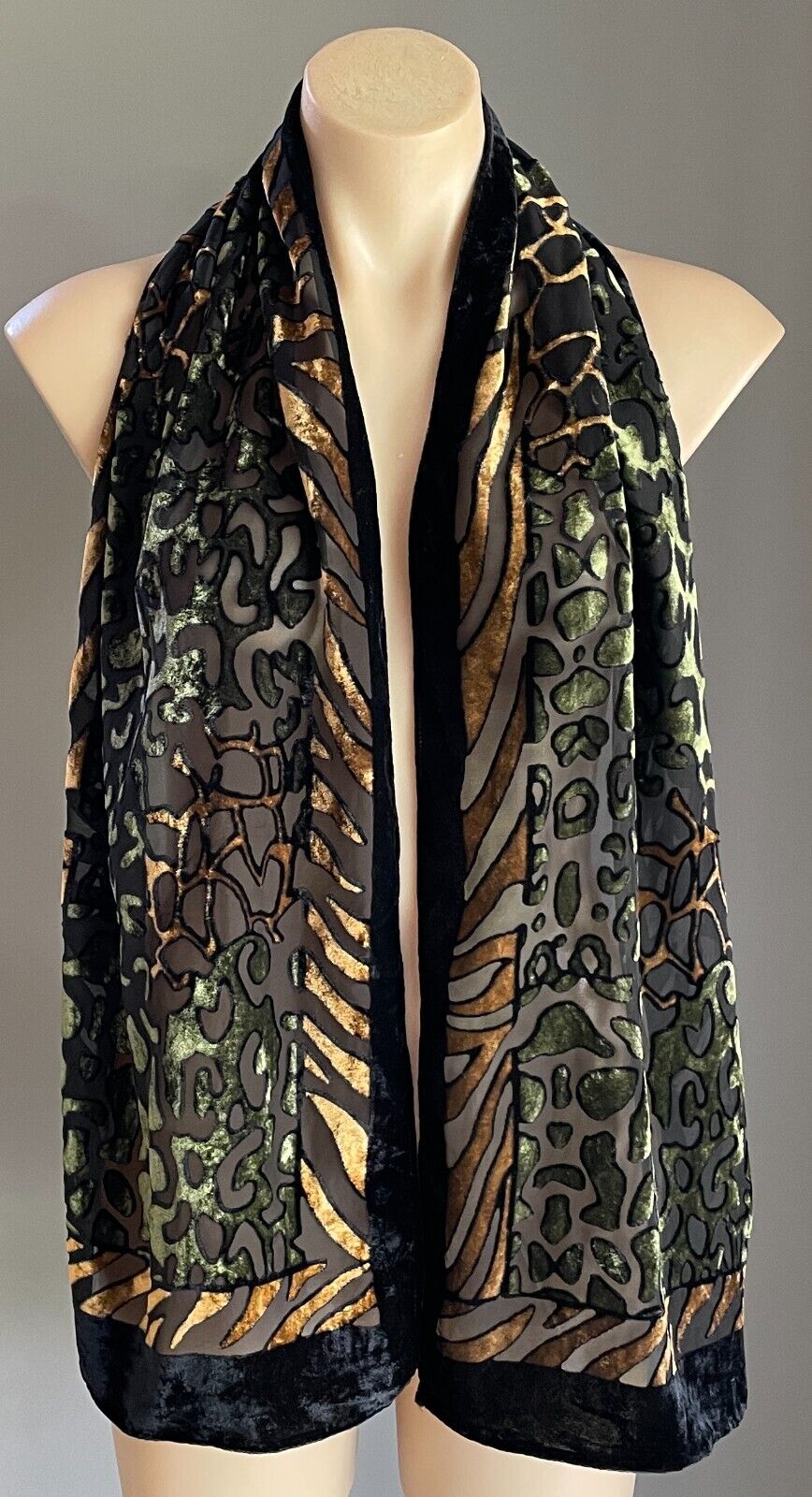 Neck Scarf Black Khaki Gold Print Burnout Fabric Rectangle 33cm x 155cm Luxe NEW