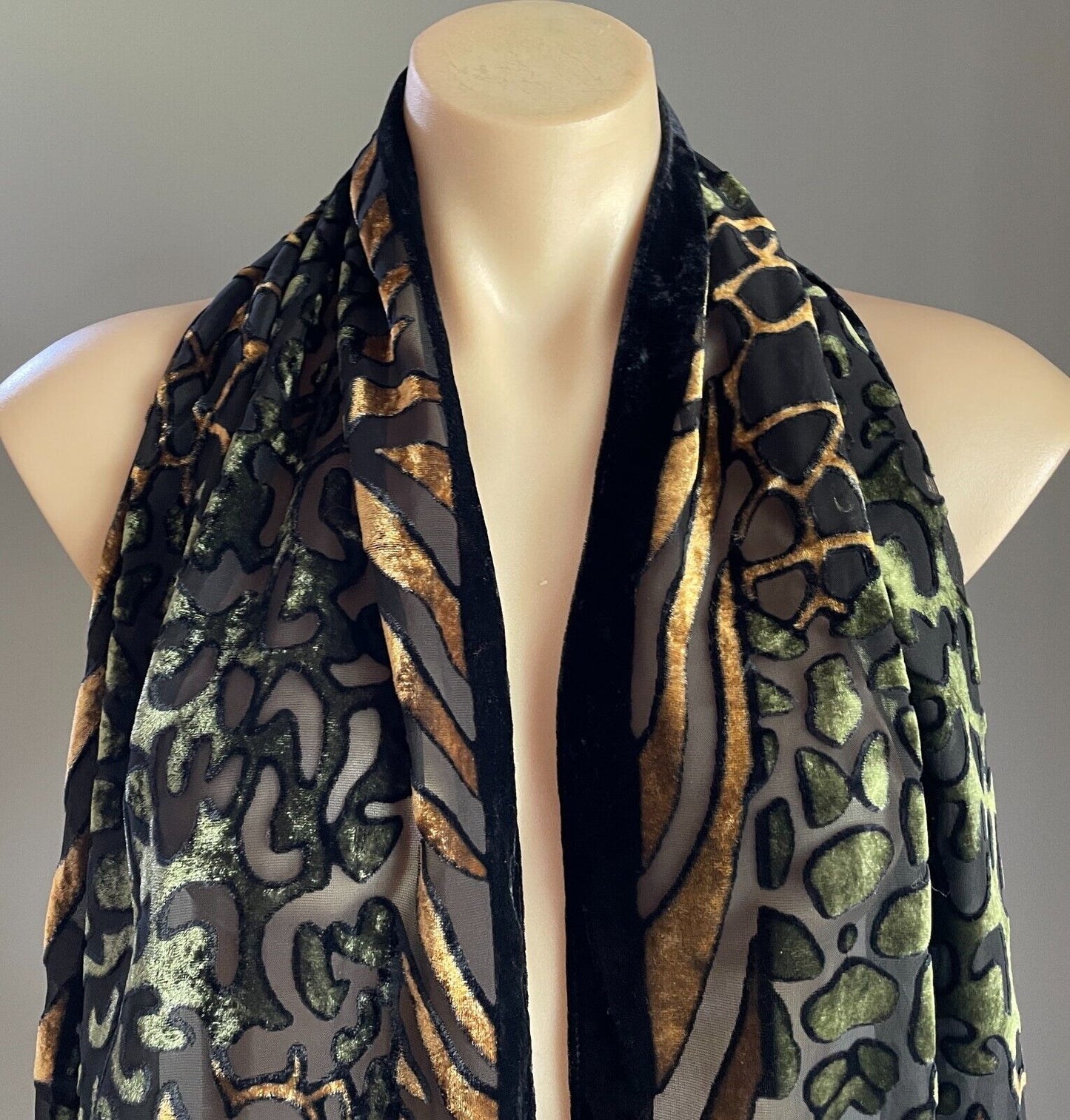Neck Scarf Black Khaki Gold Print Burnout Fabric Rectangle 33cm x 155cm Luxe NEW