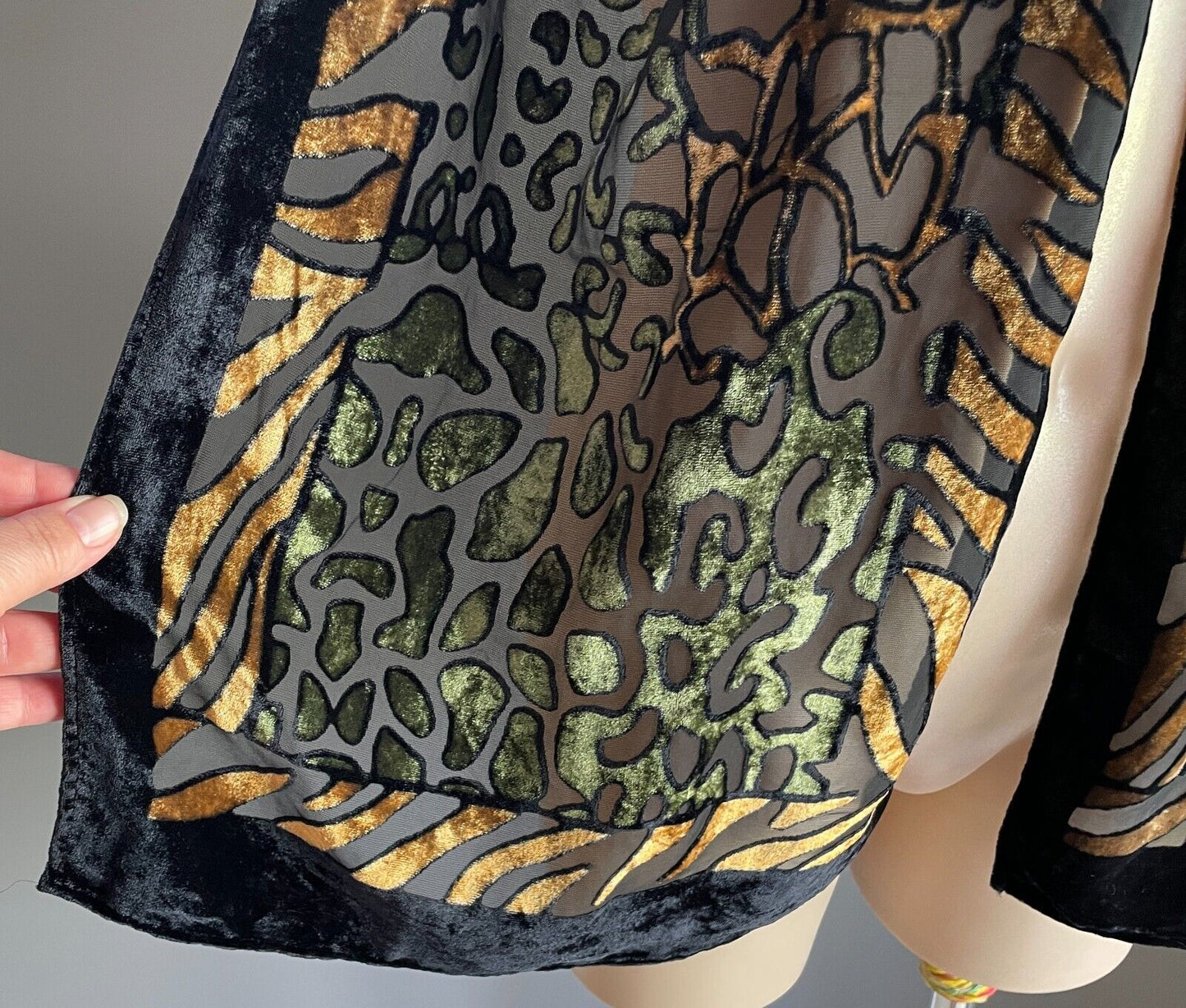 Neck Scarf Black Khaki Gold Print Burnout Fabric Rectangle 33cm x 155cm Luxe NEW