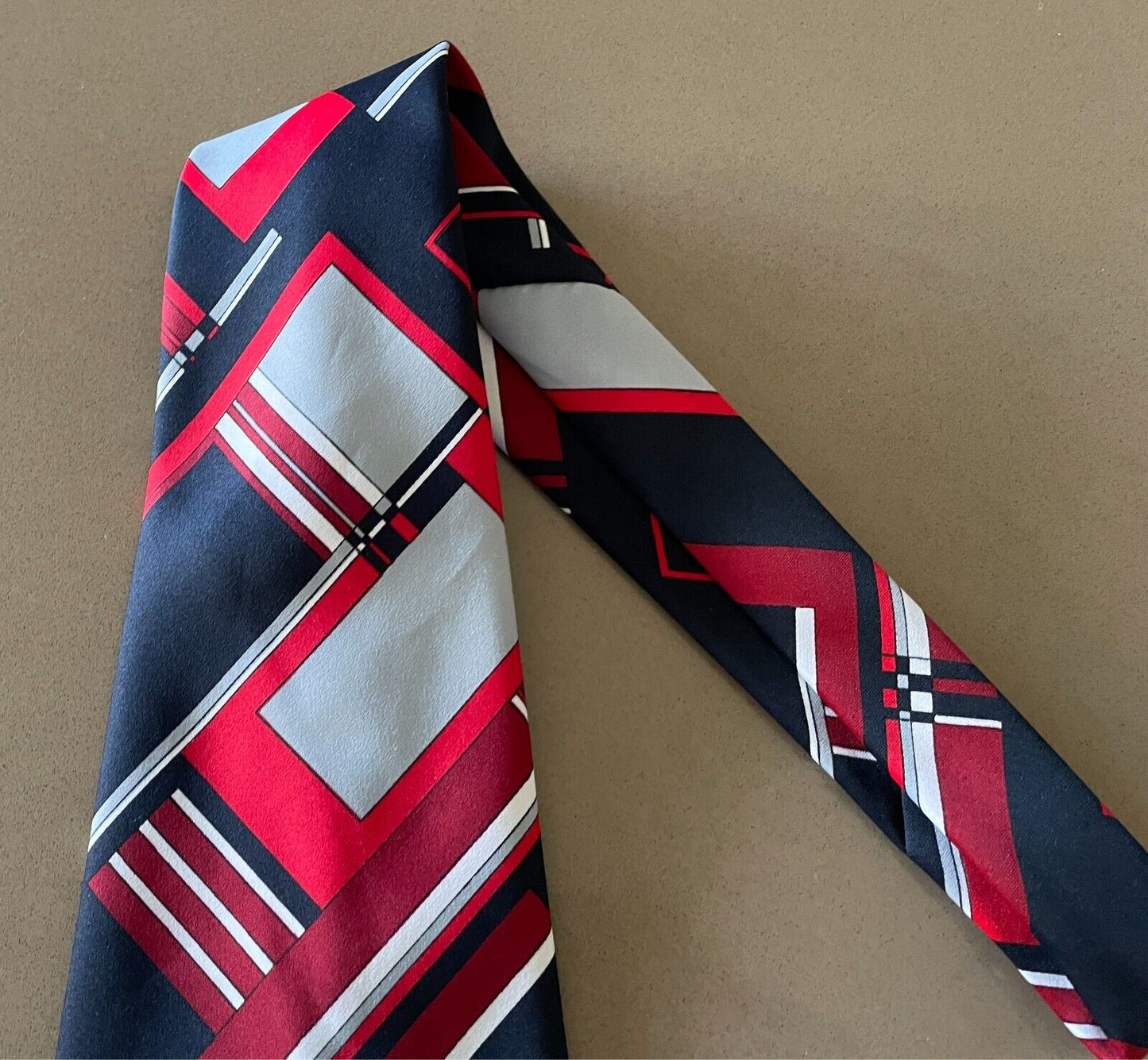 Mens Vintage Neck Tie ENSIGN Navy Red Maroon Grey White Wide Geo Print Polyester